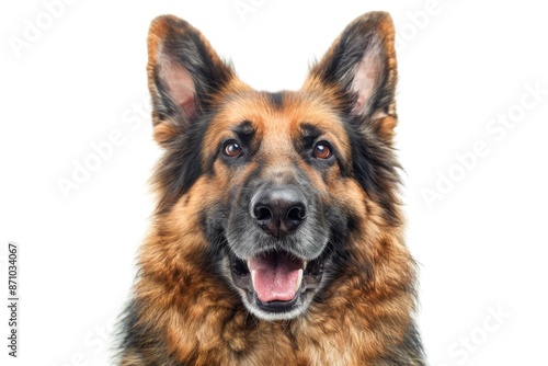 A close-up shot of a dog's face on a white background, ideal for illustrations, pet-themed designs, and more