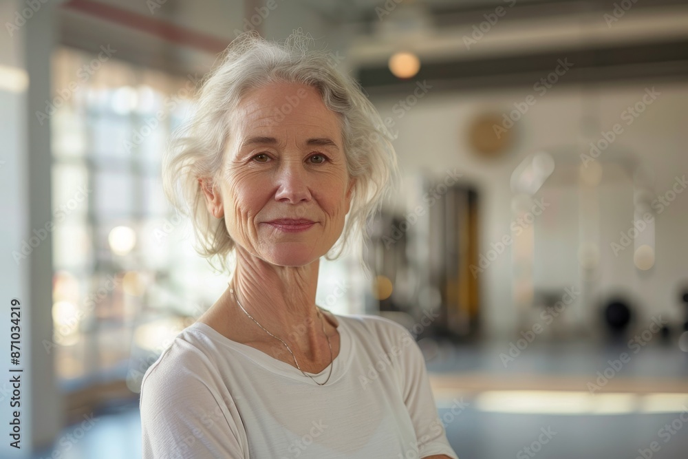 A senior woman stands confidently in a fitness studio, radiating positivity and strength A senior woman stands confidently in a fitness studio, radiating positivity and strength