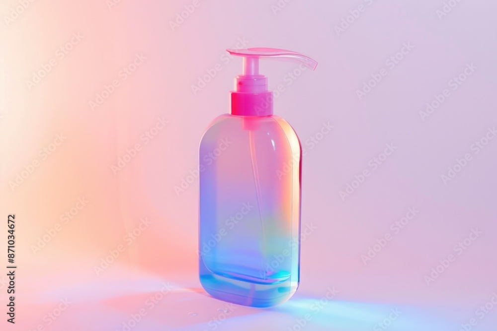 A blue glass bottle with a pink pump on a white surface, great for still life photography or as a decorative prop A blue glass bottle with a pink pump on a white surface, great for still life photography or as a decorative prop