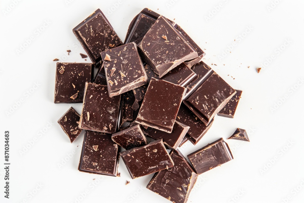 A pile of assorted chocolate pieces on a clean white surface, great for showcasing treats or desserts A pile of assorted chocolate pieces on a clean white surface, great for showcasing treats or desserts