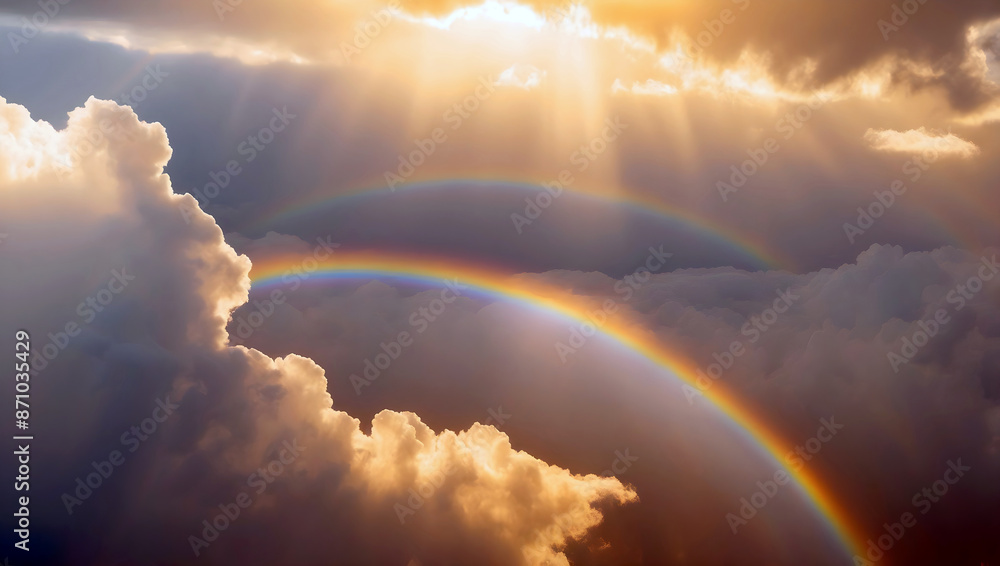 Double rainbow on dramatic cloudy skies background, heaven, cloudscape template, skyscape