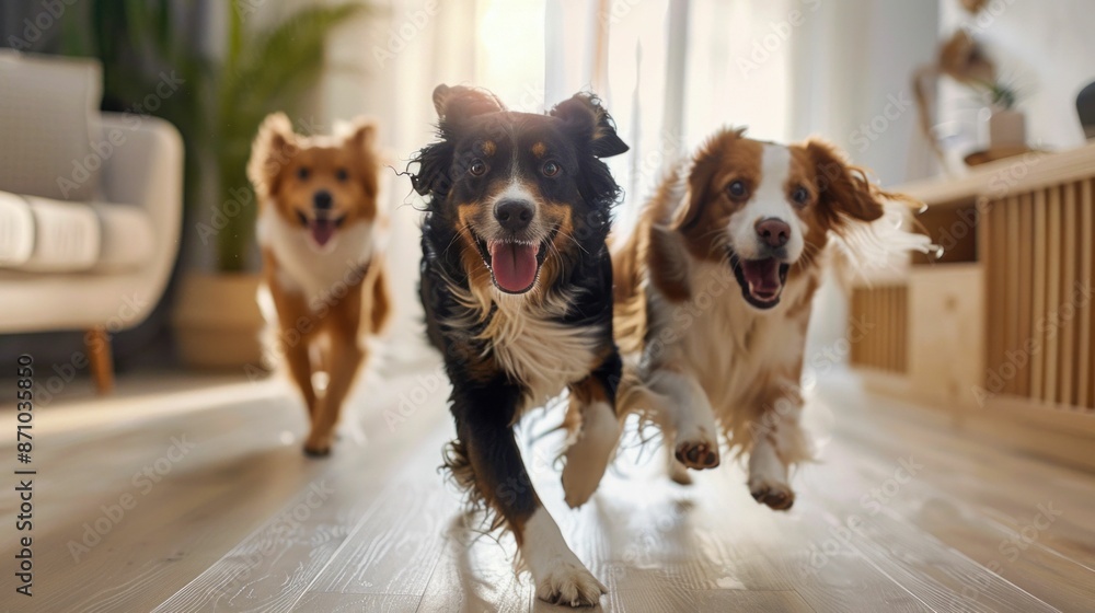 Three Happy Dogs Running Indoors on a Bright Day. Generative ai. Three Happy Dogs Running Indoors on a Bright Day. Generative ai.