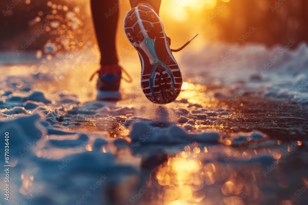 A close-up shot of a runners shoes on a snowy path at sunset. The backlight creates a dramatic silhouette and highlights the details of the shoes A close-up shot of a runners shoes on a snowy path at sunset. The backlight creates a dramatic silhouette and highlights the details of the shoes