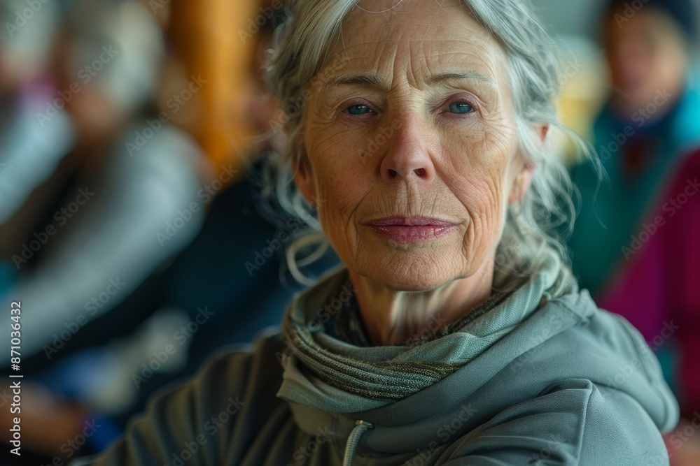 A close-up portrait of a senior woman in a grey tracksuit, practicing yoga with a group of peers in a studio A close-up portrait of a senior woman in a grey tracksuit, practicing yoga with a group of peers in a studio