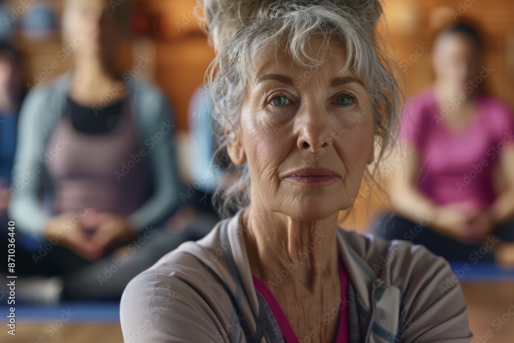 An elderly woman, dressed in a tracksuit, sits with a group of peers as she practices yoga in a class setting An elderly woman, dressed in a tracksuit, sits with a group of peers as she practices yoga in a class setting