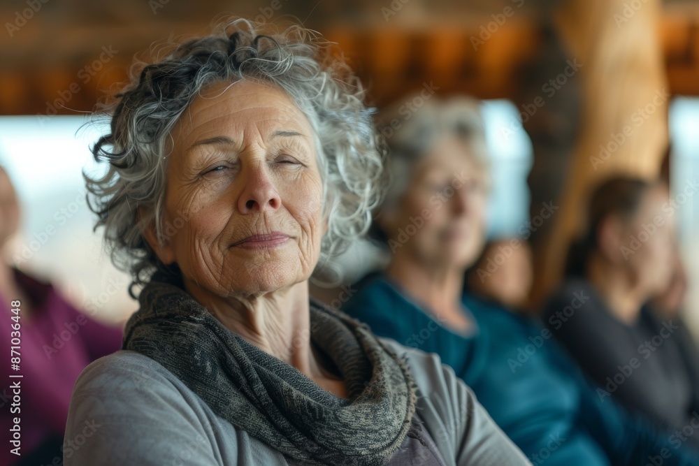 Close-up photo of a senior woman in a gray tracksuit practicing yoga with a group of peers