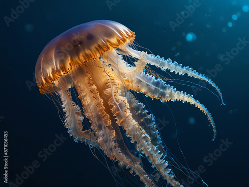 Translucent jellyfish with trailing tentacles pulsate through the blue ocean depths photo