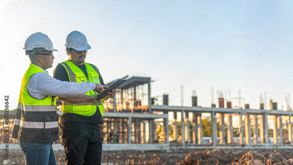 Two Architect man discussing about the building plan and see how the construction progressive at the construction site Two Architect man discussing about the building plan and see how the construction progressive at the construction site