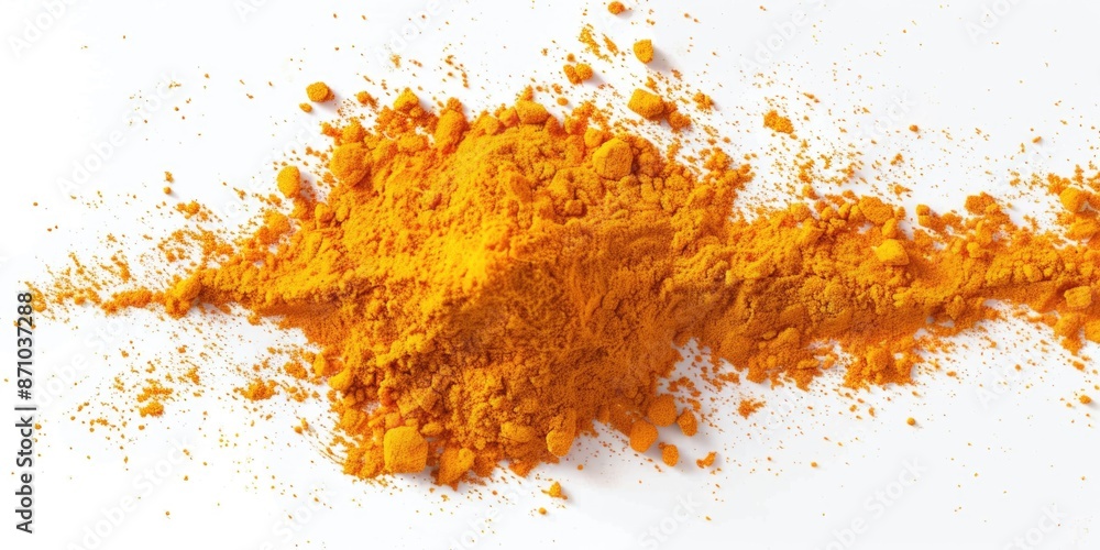 A pile of tumeric powder sitting on a white surface, perfect for food or spice related concepts A pile of tumeric powder sitting on a white surface, perfect for food or spice related concepts