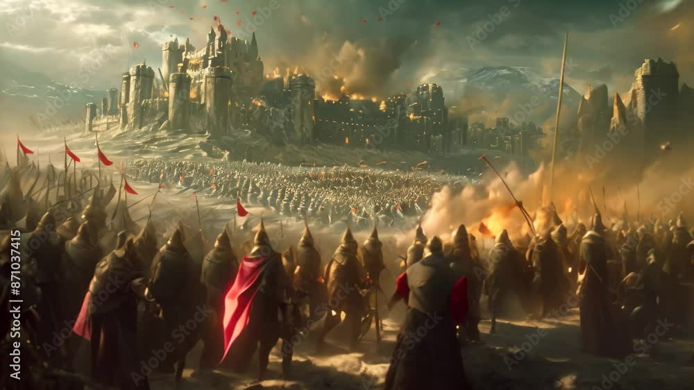 Painting depicting a fierce medieval battle with a castle looming in the background, A clash of armies in a medieval fantasy war