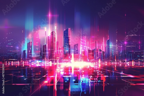 Urban architecture, cityscape with space and neon light effect. Modern digital hi-tech, science, futuristic technology concept illustration background © pixeness