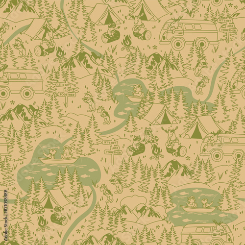 Forest Camping Map Seamless Line Drawing Pattern