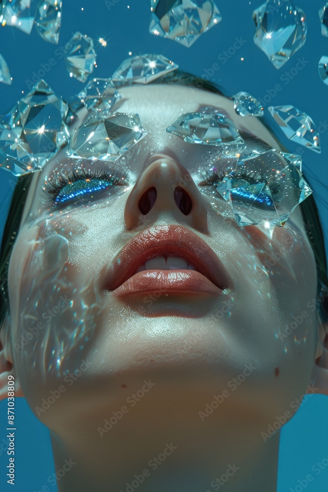 Close-up shot of a woman's face submerged in water, possibly for scuba diving or swimming Close-up shot of a woman's face submerged in water, possibly for scuba diving or swimming