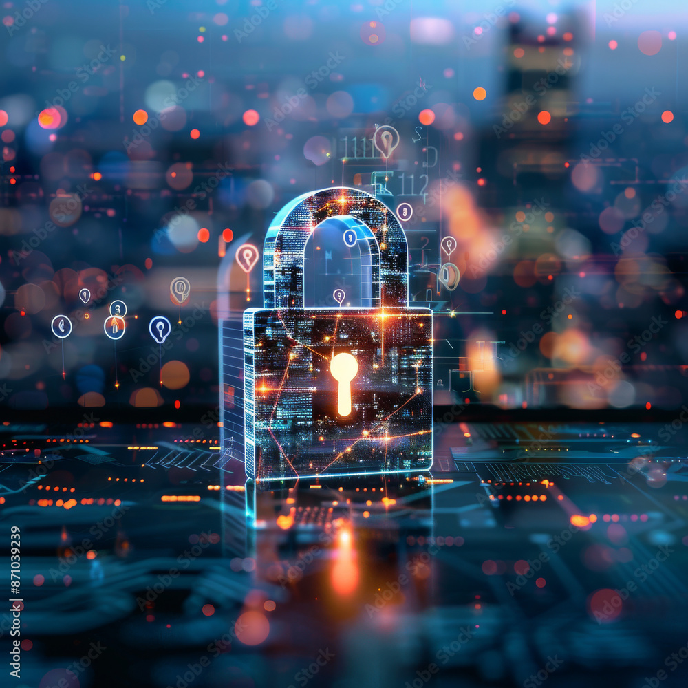 Creative glowing padlock hologram over a blurry city background with various icons. Concept of safety and security. Double exposure. Creative glowing padlock hologram over a blurry city background with various icons. Concept of safety and security. Double exposure.