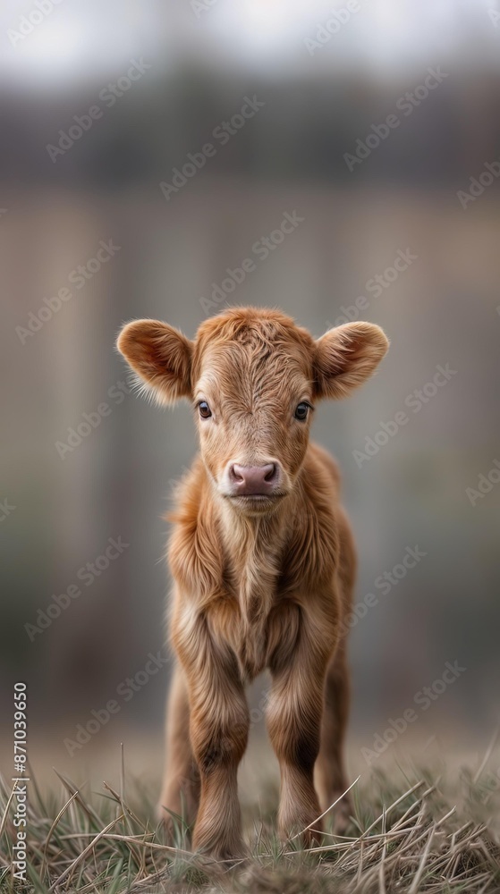Fototapeta premium Vertical AI illustration adorable brown calf standing in field. Animals concept.