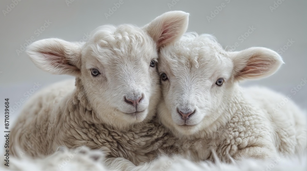 Horizontal AI illustration heartwarming portrait of two cuddling lambs. Animals concept. Horizontal AI illustration heartwarming portrait of two cuddling lambs. Animals concept.