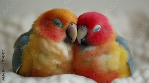 Horizontal AI illustration snuggled lovebirds in colorful embrace. Animals concept.