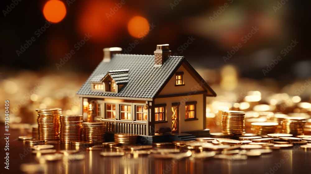 Golden real estate or home property investment on golden background Golden real estate or home property investment on golden background
