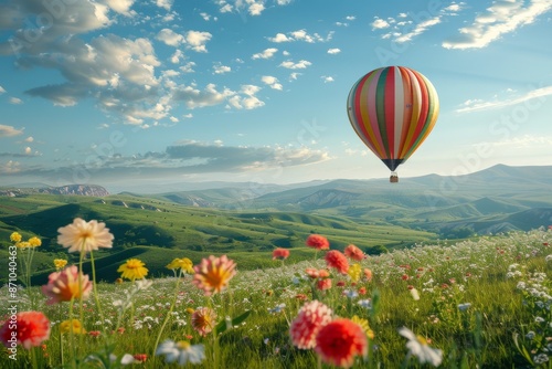 A vibrant hot air balloon floats above a lush countryside scene, surrounded by rolling hills and blooming wildflowers. The perfect representation of a peaceful summer day.