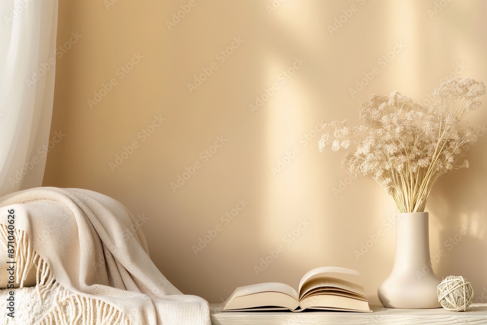 Minimalist beige decor with open book, vase of dried flowers, and cozy blanket. Concept of simplicity, tranquility, and Book Lovers Day Minimalist beige decor with open book, vase of dried flowers, and cozy blanket. Concept of simplicity, tranquility, and Book Lovers Day