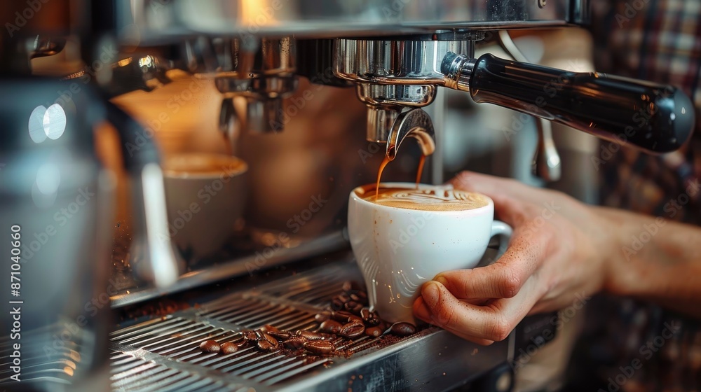 A barista skillfully pulls an espresso shot from a machine, aiming into a small white cup while coffee grounds scatter around, conveying the dynamic environment of a busy café. A barista skillfully pulls an espresso shot from a machine, aiming into a small white cup while coffee grounds scatter around, conveying the dynamic environment of a busy café.