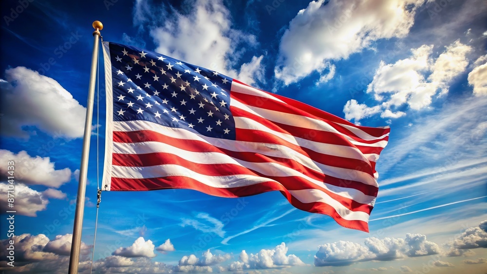 Patriotic memorial scene featuring American flag waving in the wind against a blue sky with ample copy space. Patriotic memorial scene featuring American flag waving in the wind against a blue sky with ample copy space.