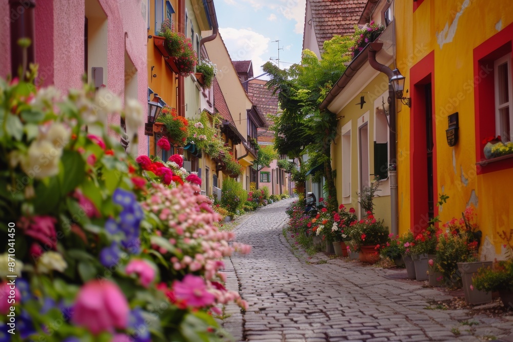 A picturesque cobblestone street lined with vibrant houses and blooming flowers, evoking a sense of warmth and invitation. The scene is bathed in soft, golden light, adding to its charm. A picturesque cobblestone street lined with vibrant houses and blooming flowers, evoking a sense of warmth and invitation. The scene is bathed in soft, golden light, adding to its charm.