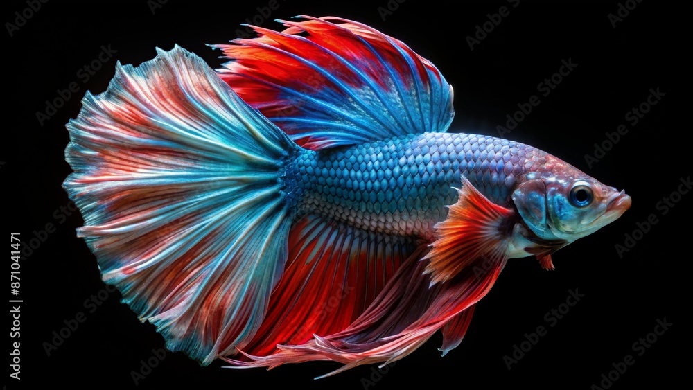 A majestic betta fish, with flowing fins and vibrant scales, swims dynamically in mid-water, isolated on a dark background. A majestic betta fish, with flowing fins and vibrant scales, swims dynamically in mid-water, isolated on a dark background.