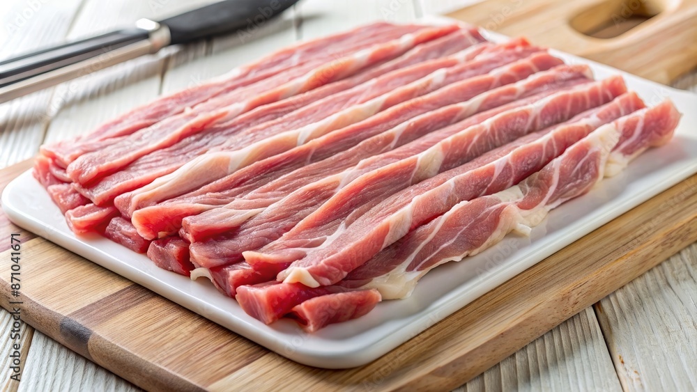 Fresh raw pork meat sliced into thin strips on a pristine white cutting board, awaiting further culinary expertise and refinement. Fresh raw pork meat sliced into thin strips on a pristine white cutting board, awaiting further culinary expertise and refinement.