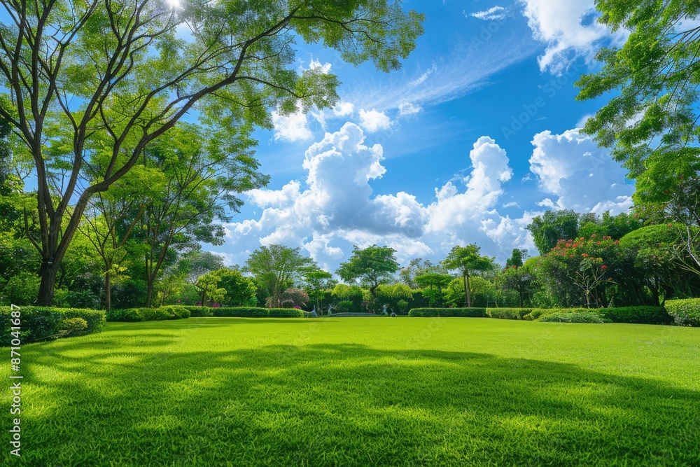 A serene natural landscape with lush green grass, trees, and bushes A serene natural landscape with lush green grass, trees, and bushes