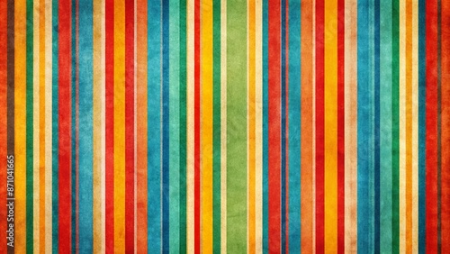 Vibrant multicolored striped background pattern featuring red, orange, green, blue, and yellow hues on textured paper or fabric-like design element.