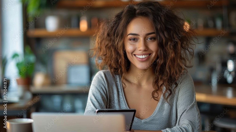 A smiling woman sits at a table with her laptop in a trendy, well-lit cafe, surrounded by cozy decor and indoor plants, highlighting a productive work atmosphere.