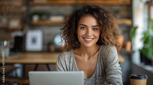 A cheerful woman with curly hair smiles while working on her laptop in a cozy cafe, surrounded by modern decor and warm lighting, representing a productive work environment.