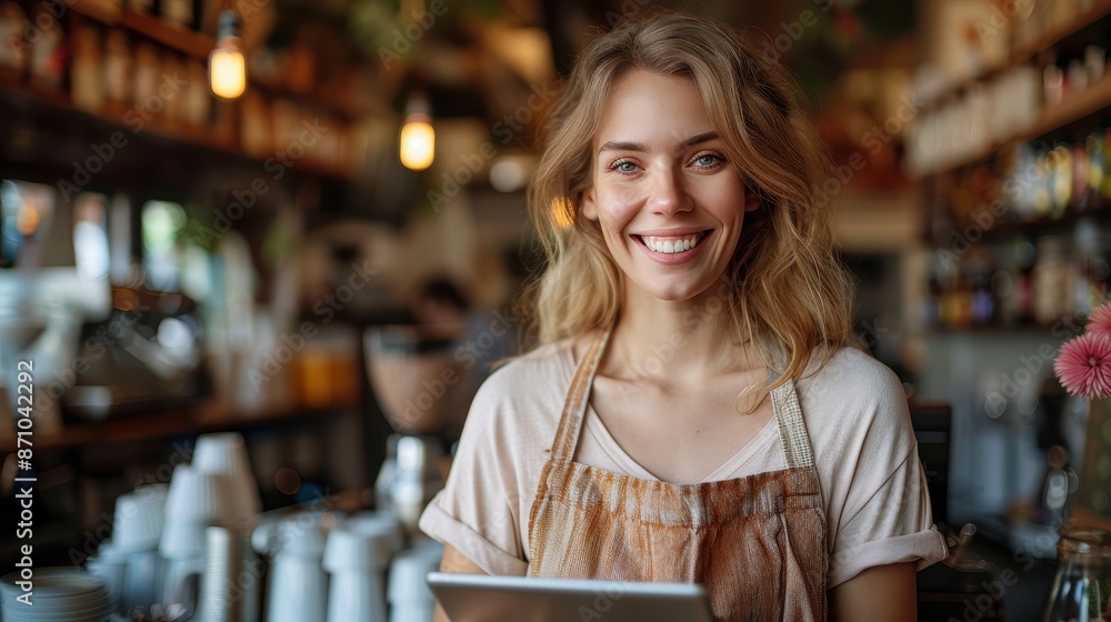 A barista stands behind the counter in a café, holding a tablet and smiling, ready to assist customers and create a welcoming, positive atmosphere with her friendliness. A barista stands behind the counter in a café, holding a tablet and smiling, ready to assist customers and create a welcoming, positive atmosphere with her friendliness.