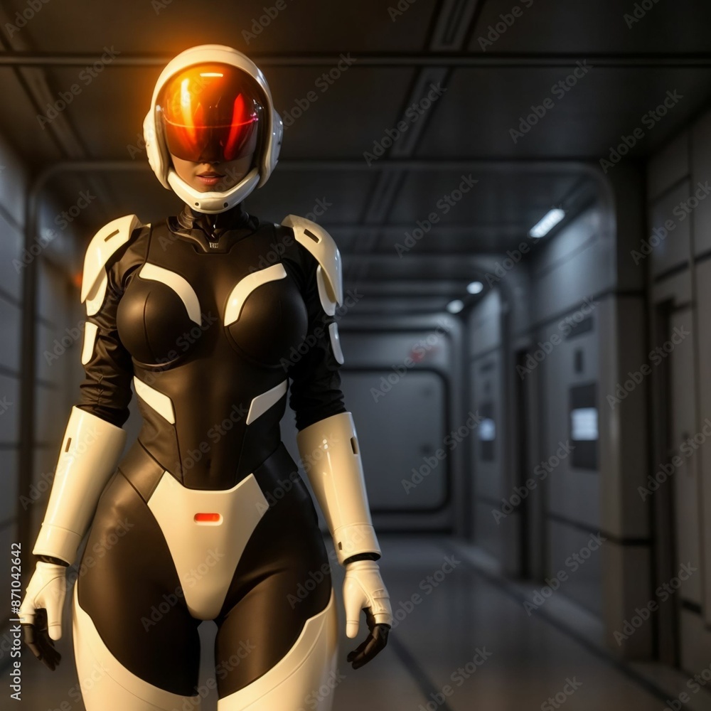 A female character in a futuristic setting, wearing a white and black suit with a helmet and goggles, and she is walking through a hallway. A female character in a futuristic setting, wearing a white and black suit with a helmet and goggles, and she is walking through a hallway.