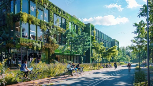A sustainable university campus with green buildings, bicycle lanes, and students studying outdoors in a park-like setting.