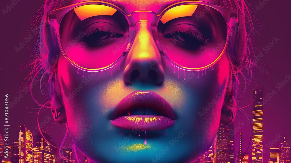 Neon vibrant digital art of fashionable woman in sunglasses with city background, digital illustration concept Neon vibrant digital art of fashionable woman in sunglasses with city background, digital illustration concept