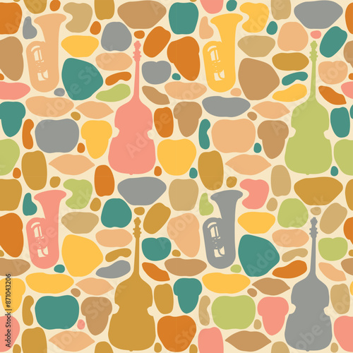 vector abstract Bright seamless pattern texture with colored shapes and silhouettes of musical instruments double bass and trumpet. Suitable for Wallpaper, wrapping paper, background, fabric or textil