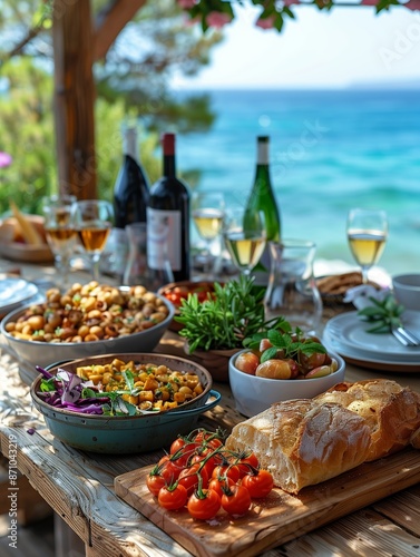 sharing lunch with friends on the beach, french brittany, gourmet vibe, bright, sea view © VIACHESLAV