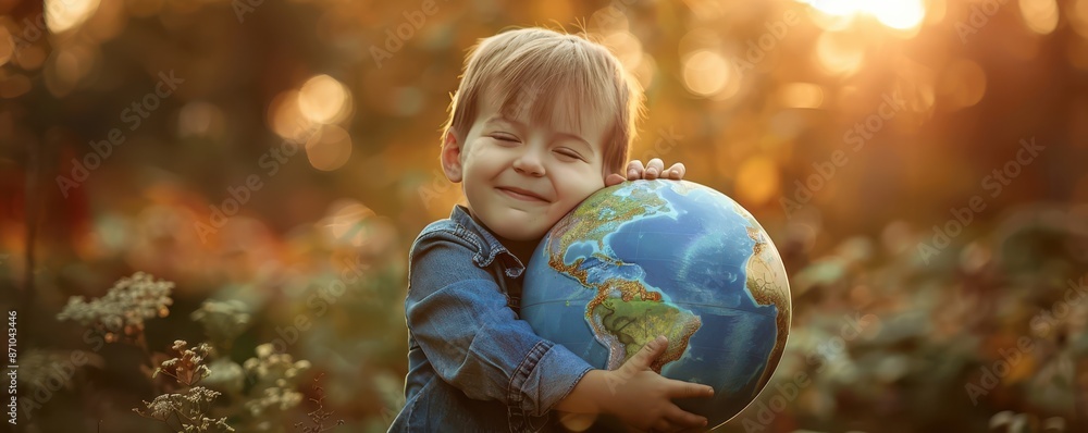Naklejka premium Happy child hugging a globe, symbolizing environmental protection and love for Earth. Free copy space for text.