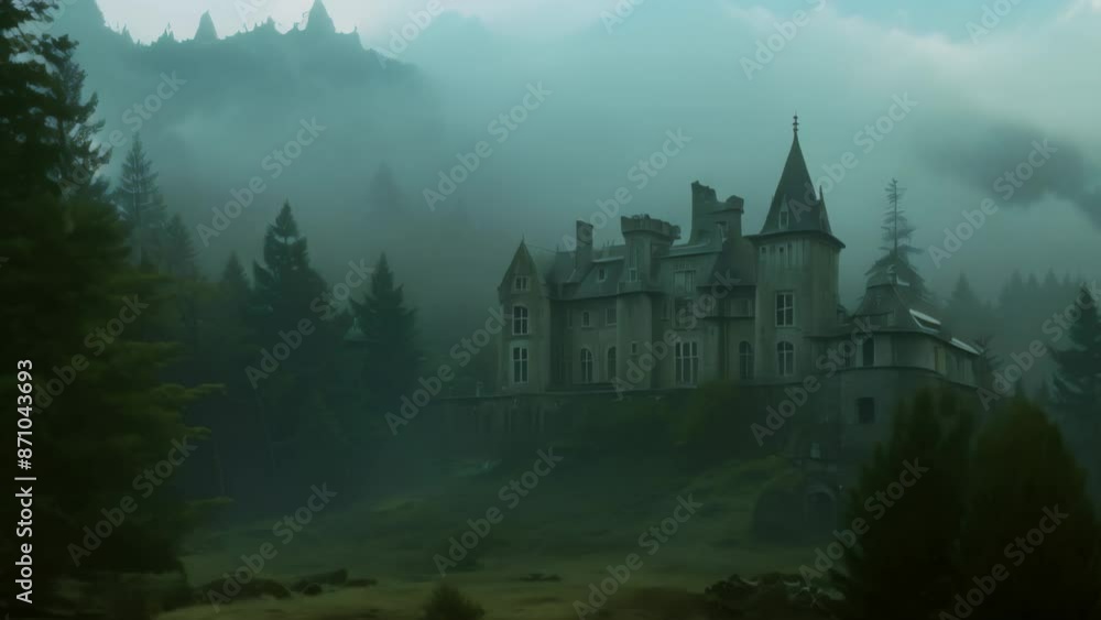 An eerie, abandoned castle standing in the midst of a dense, dark forest, An old, abandoned castle surrounded by a dark, moody forest An eerie, abandoned castle standing in the midst of a dense, dark forest, An old, abandoned castle surrounded by a dark, moody forest