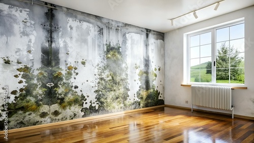 Consequences of Black Mold Growth on Indoor Health: Wall Damage After Flood. Concept Black Mold Exposure, Health Effects, Water Damage, Indoor Air Quality, Mold Remediation