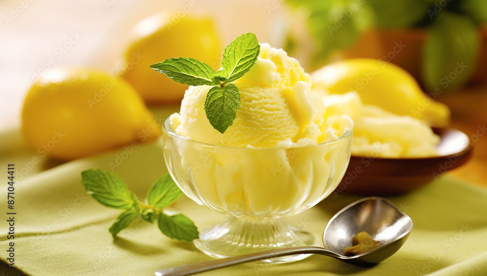 A refreshing and smooth lemon curd menu featured creamy yellow walls of ice cream with mint leaves on top. A refreshing and smooth lemon curd menu featured creamy yellow walls of ice cream with mint leaves on top.