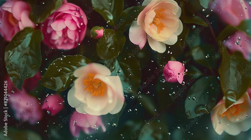 Pink and white flowers with raindrops, floral concept Pink and white flowers with raindrops, floral concept