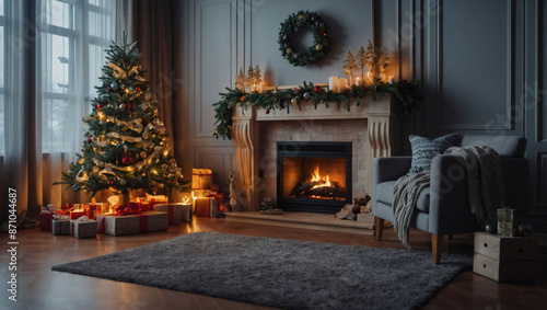 Room adorned with festive Christmas tree and cozy fireplace. © xKas