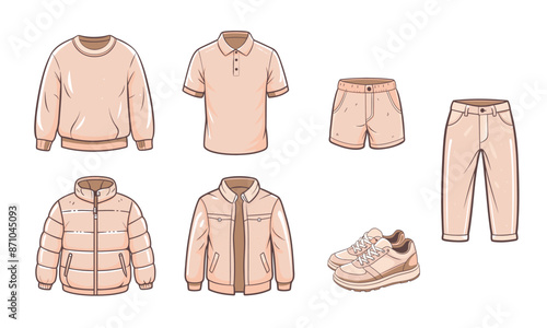 Set of casual men's clothing. Down jacket, polo, shorts, sneakers, sweater, pants and jacket. vector illustration.