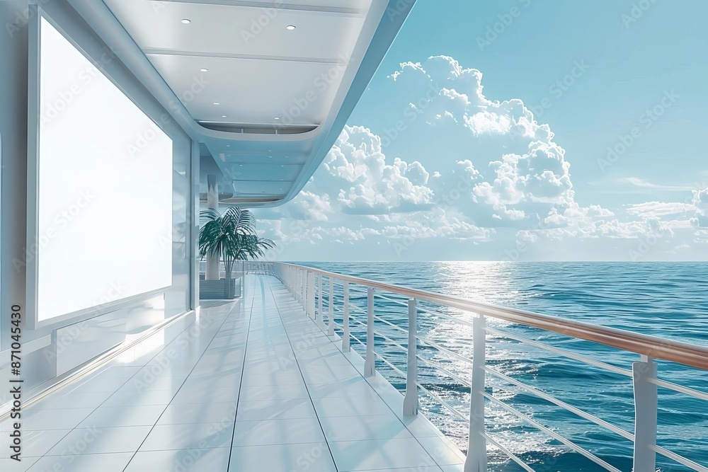 Fototapeta premium A white empty billboard showcase incorporated into the side of a cruise ship, captivating passengers as they sail across the ocean