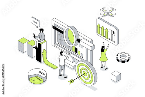 Data analysis 3d isometric concept in outline isometry design for web. People analyzing graphs and business reports, working with financial diagrams, making target and strategy. Vector illustration.