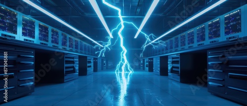 A futuristic office where electricpowered businessmen harness supernatural lightning to energize their decisionmaking and strategies, with copy space high tech photo