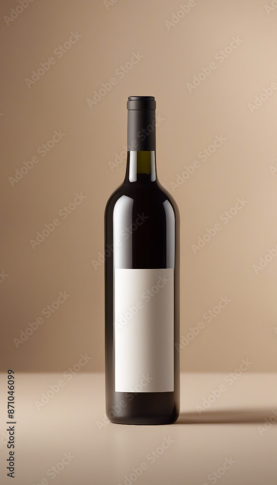 A bottle of wine with a white label sits on beige background A modern and minimal label for for wine A bottle of wine with a white label sits on beige background A modern and minimal label for for wine